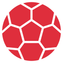 Une icône de ballon de football rouge avec un motif hexagonal et pentagonal.